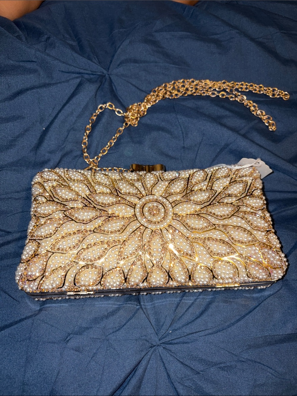 Gold Pearl & Crystal Floral Evening Clutch with Chain Strap - Picture 6 of 6